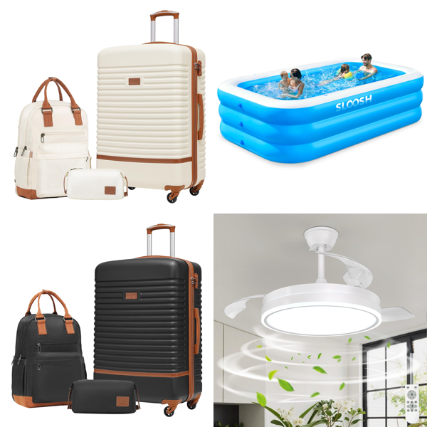 Source photograph for Pallet – Mixed Home Goods – Suitcases, Swimming Pool, Fans, Dog Pen, Garden Trimmers