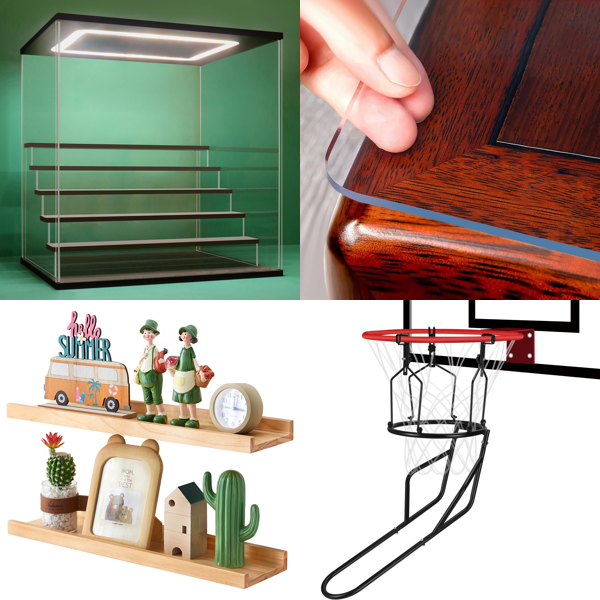 Source photograph for Pallet – Mixed Home & Sports Goods – Collectible Display Case, Wall Shelves, Table Protectors, Basketball Rebounder, Mailing Bags, Nail Dust Collector