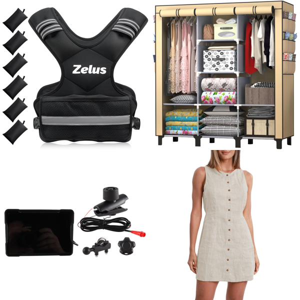 Source photograph for Pallet – Mixed Goods – Weighted Vests, Car Electronics, Wardrobes, Dresses, Cushions, Musical Instruments