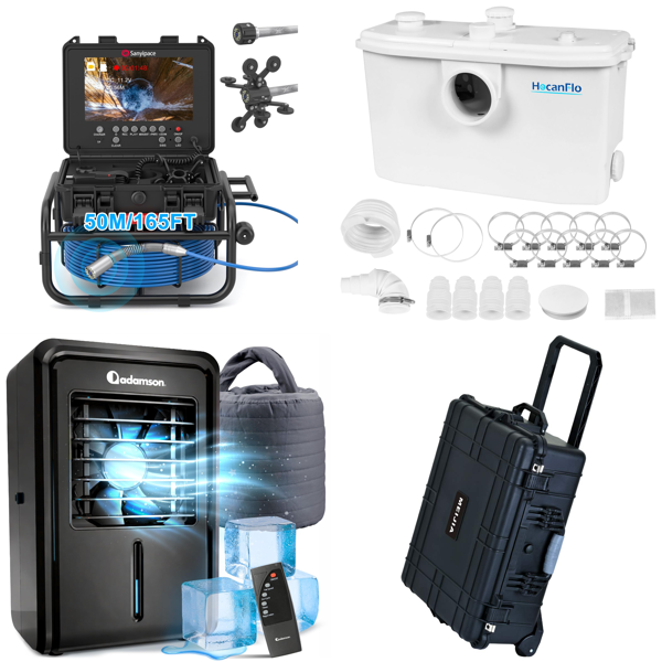 Source photograph for Pallet – Mixed Technical Equipment – Drain Cameras, Mattress Cooling Systems, Pumps, Drywall Sanders