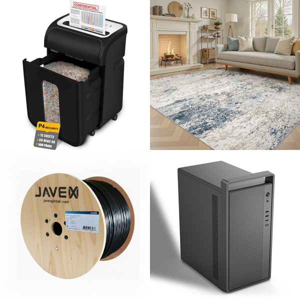 Source photograph for Pallet – Mixed Home & Office Goods – Paper Shredders, Network Cables, PC Cases, Rugs, Shower Sets