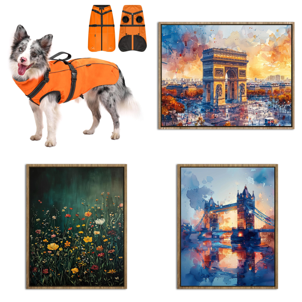 Source photograph for Pallet – Mixed Goods – Dog Jackets, Wall Art, Curtain Rods, Waterproof Trousers