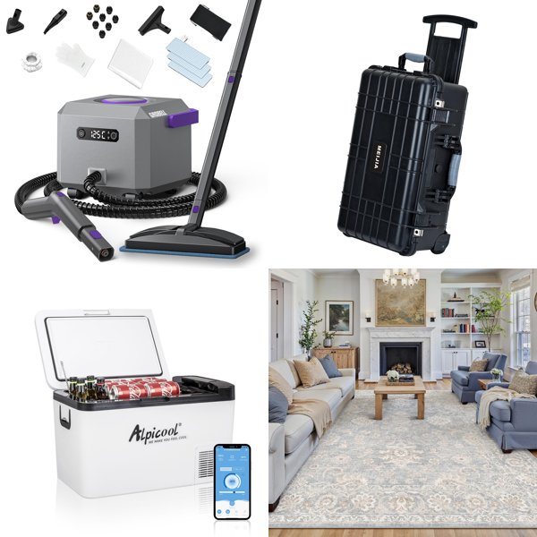 Source photograph for Pallet – Mixed Home Products – Steam Cleaners, Car Fridges, Protective Cases, Rugs, Record Players, Safes, Pools, Pizza Ovens