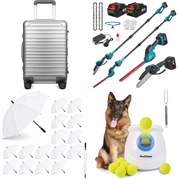 Source photograph for Pallet – Mixed Goods – Suitcases, Golf Umbrellas, Hedge Trimmers, Dog Toys, Fans
