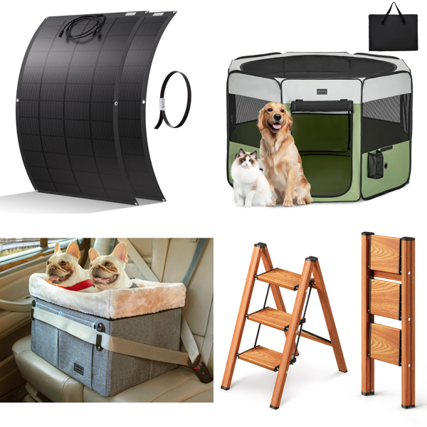 Source photograph for Pallet – Mixed Goods – Solar Panels, Dog Car Seats, Dog Pens, Step Ladders, Toilet Seats