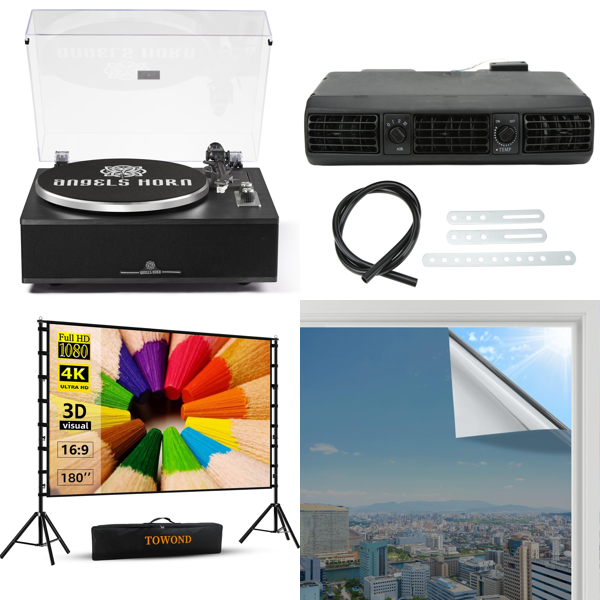 Source photograph for Pallet – Mixed Household Goods – Record Player, Projector Screen, Shower Panel, Window Film, Carpet Cleaner
