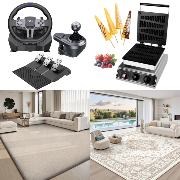 Source photograph for Pallet – Mixed Home Goods – Rugs, Gaming Wheels, Waffle Makers, Mirrors