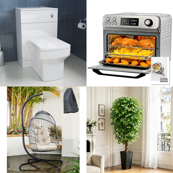 Source photograph for Pallet – Mixed Household Goods – Toilet Suites, Hanging Chairs, Air Fryers, Robot Vacuum Cleaners