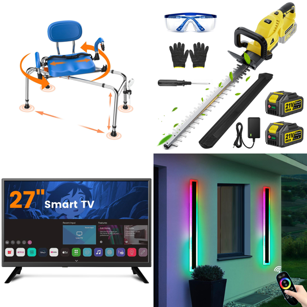 Source photograph for Pallet – Mixed Home Goods – Televisions, Garden Tools, Lighting, Shower Chair, Fitting Room