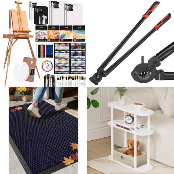 Source photograph for Pallet – Mixed Goods – Painting Set, Door Mats, Cable Cutters, Side Table