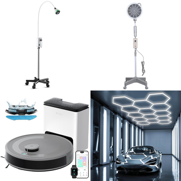 Source photograph for Pallet – Mixed Home Equipment – Robot Vacuum, Therapy Lamps, Garage Lighting, Hedge Trimmer