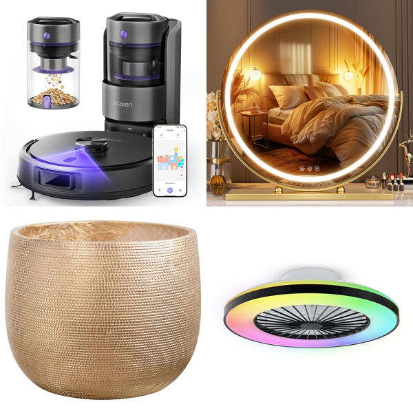 Source photograph for Pallet – Mixed Home Goods – Robot Vacuum Cleaners, Plant Pot, Mirror, Ceiling Fan, Rug, Fedora Hats