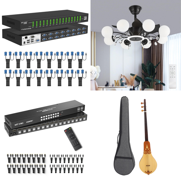 Source photograph for Pallet – Electronics & Mixed Goods – KVM Switches, Ceiling Fan, Dulcimer, Vanity Mirror, Tarpaulin