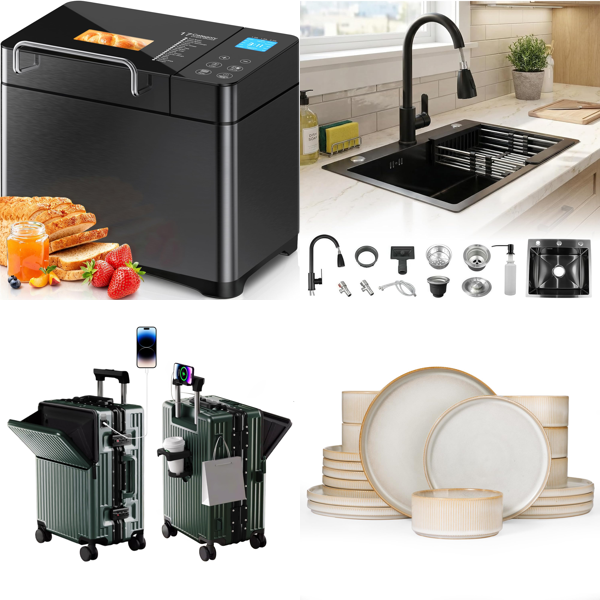 Source photograph for Pallet – Mixed Home & Garden Goods – Bread Makers, Suitcases, Kitchen Sinks, Dinnerware Sets, Wok Pans, Kids' Toys