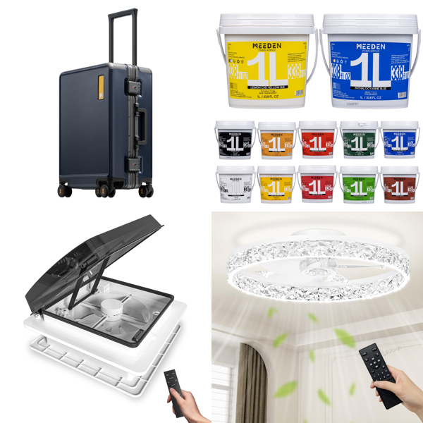 Source photograph for Pallet – Mixed Home & Garden Equipment – Suitcases, Fans, Paints, Lighting, Pumps