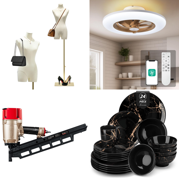 Source photograph for Pallet – Mixed Home Goods – Dressmaking Mannequin, Pneumatic Framing Nailer, Ceiling Fan, Dinnerware, Robot Vacuum