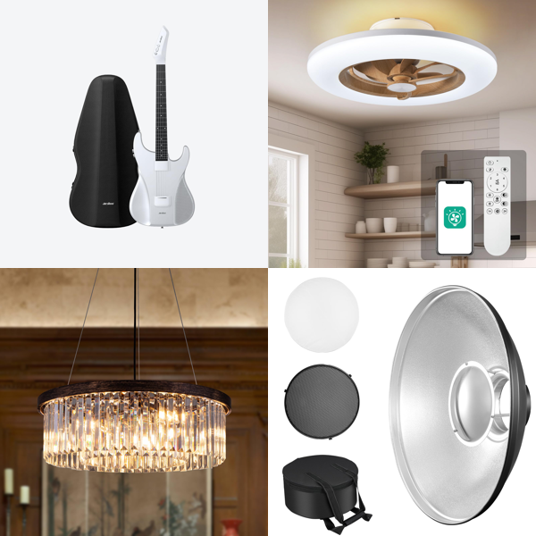 Source photograph for Pallet – Mixed Lighting, Tools & Homeware – Electric Guitar, Crystal Chandelier, Ceiling Fan, Pressure Washer