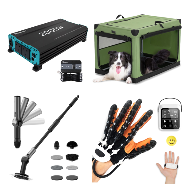 Source photograph for Pallet – Mixed Goods – Inverters, Electric Scrubbers, Dog Crates, Rehabilitation Gloves