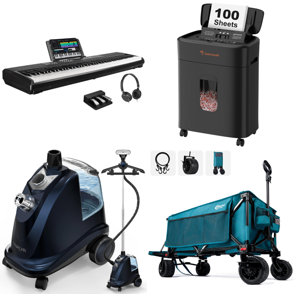 Source photograph for Pallet – Mixed Home & Leisure Goods – Digital Piano, Garment Steamer, Paper Shredder, Utility Trolleys, Garden Furniture