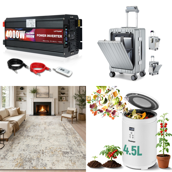 Source photograph for Pallet – Mixed Home Goods – Power Inverter, Rugs, Suitcase, Composter, Chandelier, Mattress, Juicer