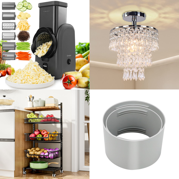 Source photograph for Pallet – Mixed Home Goods – Electric Graters, Storage Carts, Lighting, Shower Sets