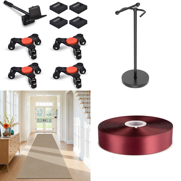 Source photograph for Pallet – Mixed Homeware – Furniture Dolly, Runner Rugs, Toilet Roll Holders, Satin Ribbons, Peel-And-Stick Wallpaper, Neon Signs, Shower Caddies