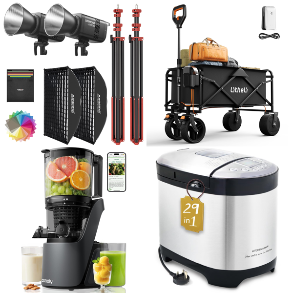 Source photograph for Pallet – Mixed Home & Garden Equipment – LED Video Light, Bread Maker, Electric Wagon, Mattress Topper