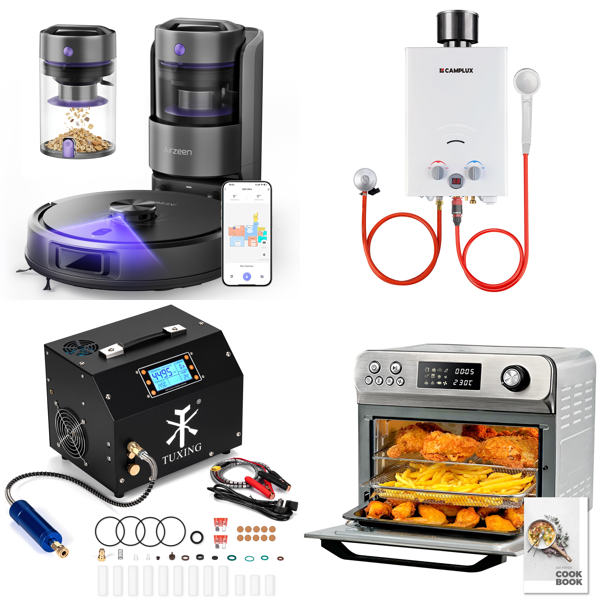 Source photograph for Pallet – Mixed Goods – Robot Vacuum Cleaner, Air Compressor, Gas Water Heater, Air Fryer Oven, Pressure Washer