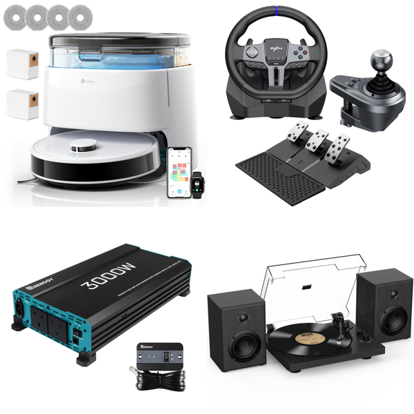 Source photograph for Pallet – Mixed Electronics & Home Goods – Robot Vacuum, Inverter, Racing Wheel, Turntable, Teleprompter
