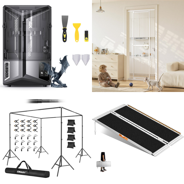 Source photograph for Pallet – Mixed Equipment – 3D Printer, Backdrop Stand, Cat Gate, Wheelchair Ramp, Area Rugs, Wagon Cart, Garden Hose, Ice Maker