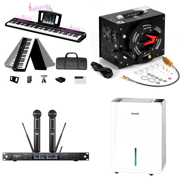 Source photograph for Pallet – Mixed Goods – Digital Piano, Wireless Microphones, Compressor, Dehumidifier, Tool Kit