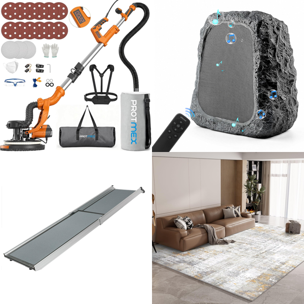 Source photograph for Pallet – Mixed Home Goods – Drywall Sander, Dog Ramp, Outdoor Speakers, Rugs, Kitchen Faucet