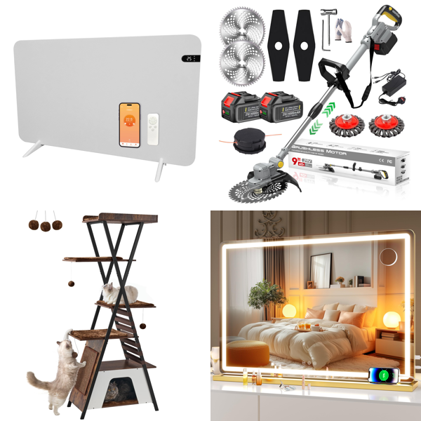 Source photograph for Pallet – Mixed Goods – Infrared Heater, Cat Tree, Grass Trimmer, Mirrors, Solar Panel