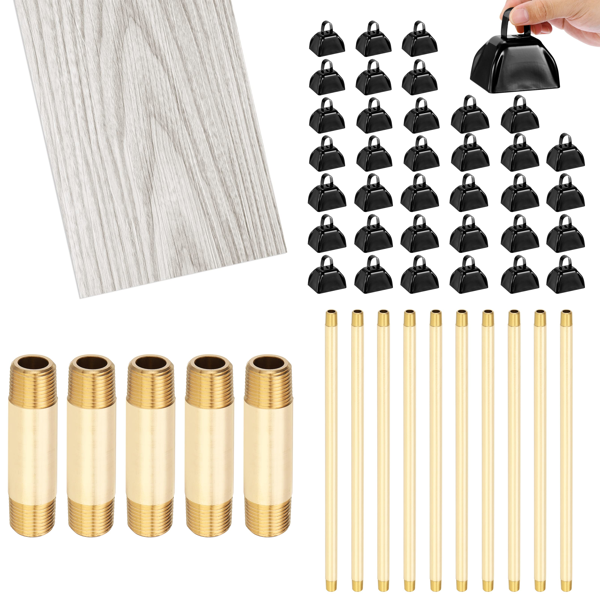 Source photograph for Pallet – Building Fittings – Brass Pipe Nipples, Self-Adhesive Floor Tiles, Metal Cowbells