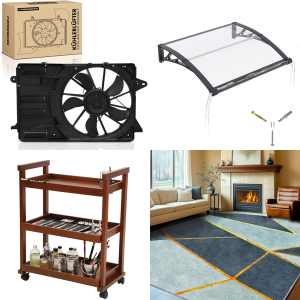 Source photograph for Pallet – Mixed Home Goods – Car Cooling Fan, Art Cart, Door Canopy, Area Rug, Bulletin Board