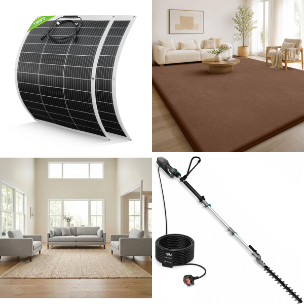 Source photograph for Pallet – Mixed Home & Garden Goods – Solar Panel, Hedge Trimmers, Rugs, Air Fryer, Lighting