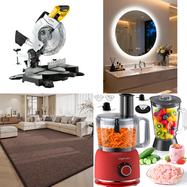 Source photograph for Pallet – Mixed Home Goods – Mitre Saw, LED Mirrors, Food Processors, Rugs