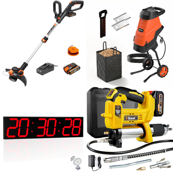 Source photograph for Pallet – Garden Equipment, Household Accessories – Grass Trimmers, Lawnmower, Garden Shredder, Fan, Suitcase