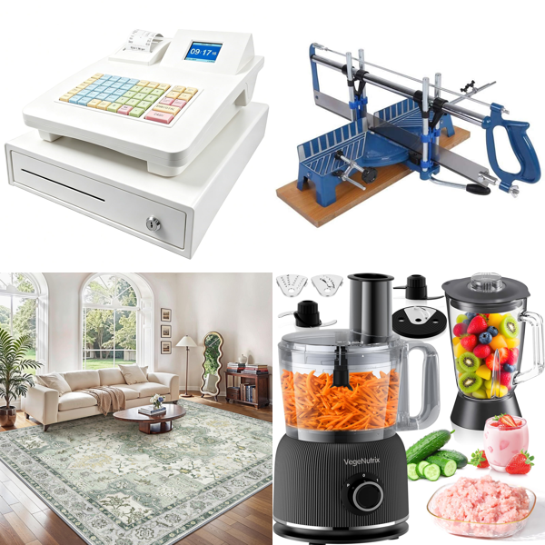 Source photograph for Pallet – Mixed Household Goods – Cash Register, Rugs, Kitchen Appliances, Vacuum Cleaner, Lighting