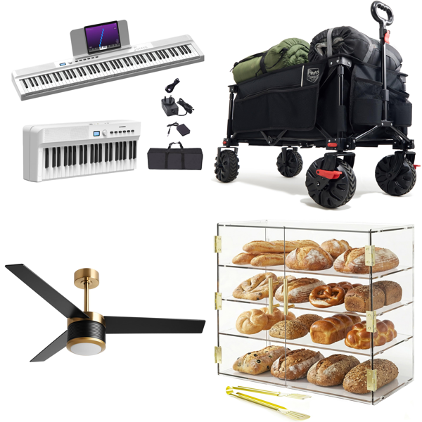 Source photograph for Pallet – Mixed Goods – Digital Pianos, Ceiling Fans, Folding Trolleys, Display Cabinets, Bathtubs, Lighting, Sensor Bins