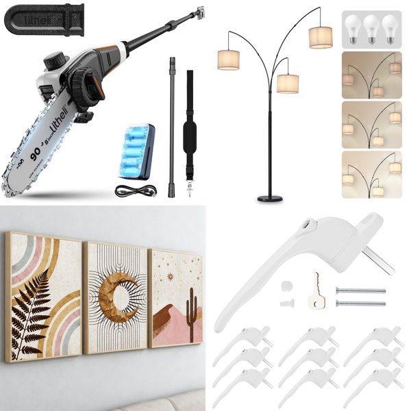 Source photograph for Pallet – Mixed Goods – Cordless Pole Saw, Wall Art, Floor Lamp, Window Handles