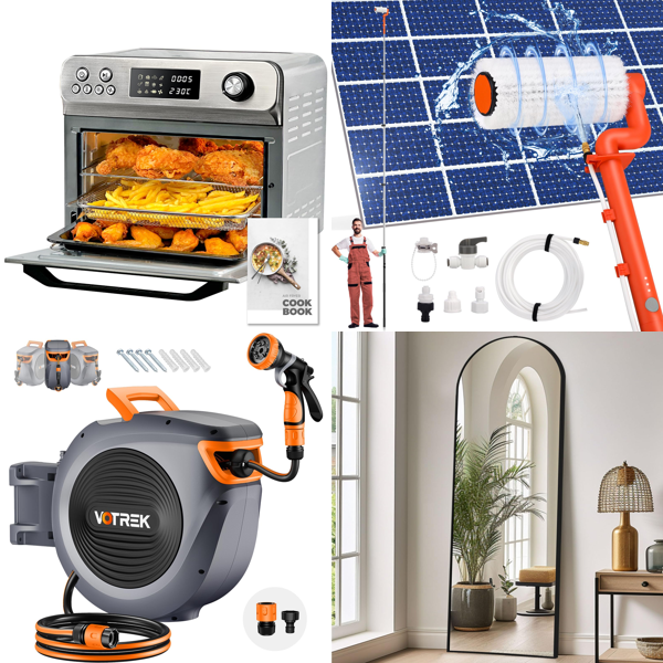 Source photograph for Pallet – Mixed Home & Garden – Air Fryer Oven, Garden Hose, Wire Fencing, Drywall Sander, Full-Length Mirror