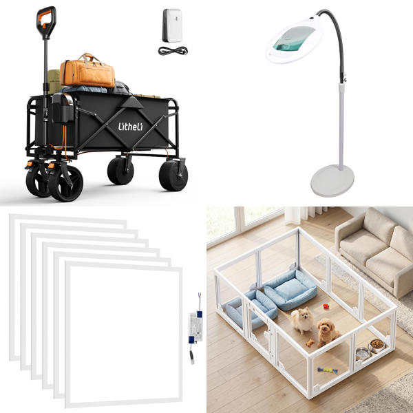 Source photograph for Pallet – Mixed Goods – Electric Cart, LED Panels, Floor Lamp, Dog Playpens, Electrical Tools