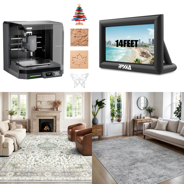 Source photograph for Pallet – Mixed Home Goods – CNC Router, Area Rugs, Inflatable Movie Screen, Bread Maker, Cat Litter Tray