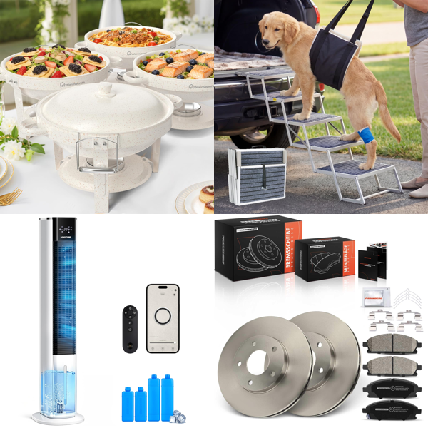 Source photograph for Pallet – Mixed Household Goods – Air Coolers, Fans, Dog Ramp, Platform Scale