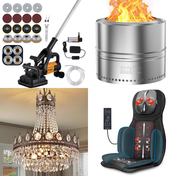 Source photograph for Pallet – Mixed Goods – Concrete Grinders, Chandeliers, Fire Pit, Massager, Drywall Sander