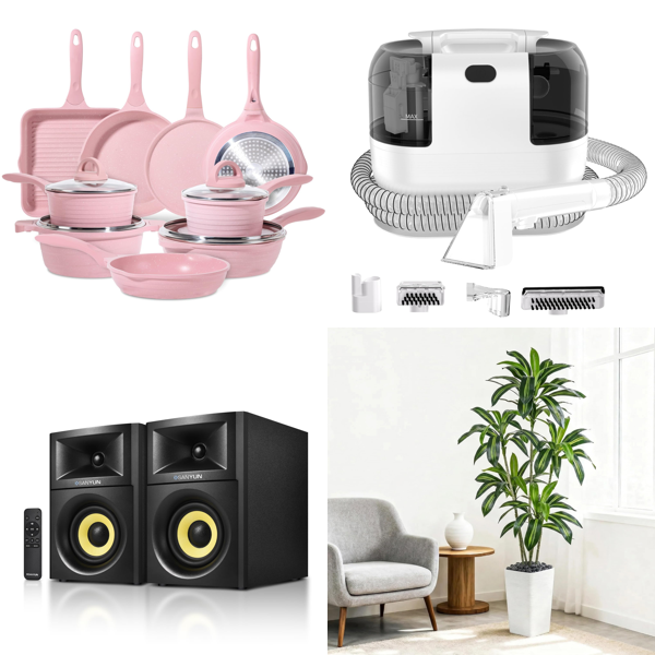 Source photograph for Pallet – Mixed Goods – Cookware Sets, Speakers, Carpet Cleaner, Suitcase, Backpack