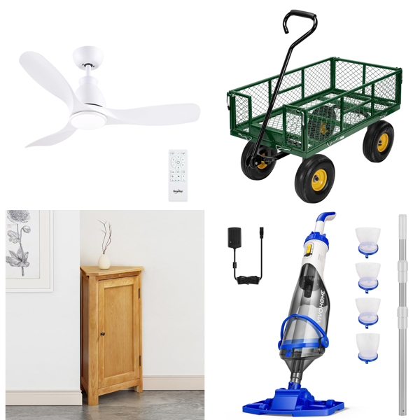 Source photograph for Pallet – Mixed Home & Garden Goods – Ceiling Fans, Pool Vacuums, Garden Cart, Folding Desk