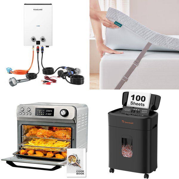 Source photograph for Pallet – Mixed Home & Garden Goods – Air Fryers, Chandeliers, Gas Water Heater, Paper Shredder
