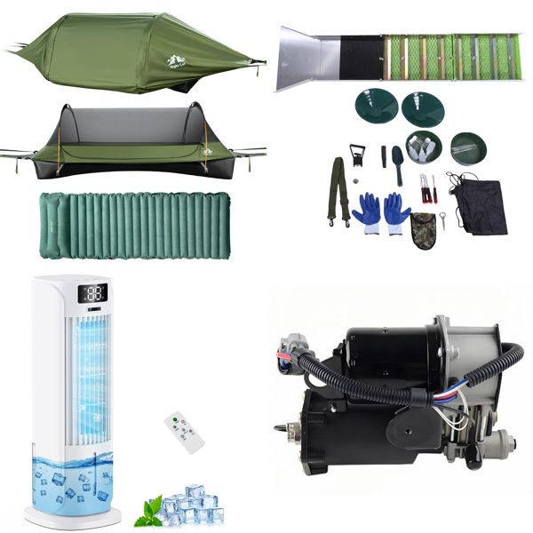 Source photograph for Pallet – Mixed Equipment – Hammock, Air Cooler, Gold Panning Sluice, Suspension Compressor, Cheese Dispenser